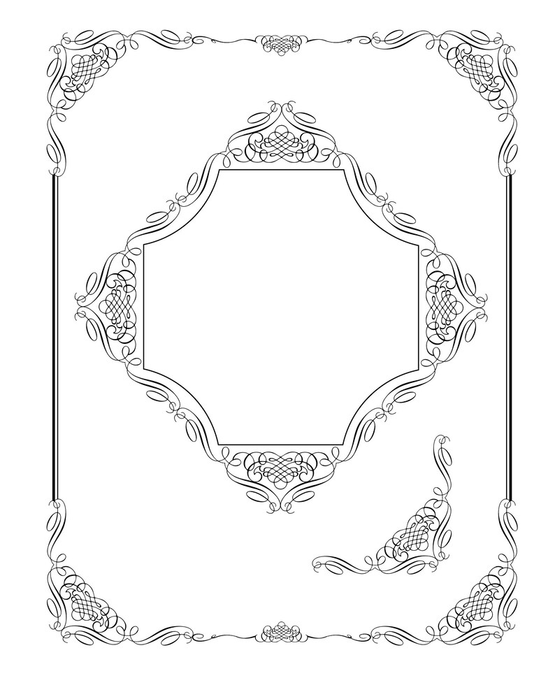 May include: A black and white decorative frame with ornate scrollwork. The frame has a square outer border and an octagonal inner border.