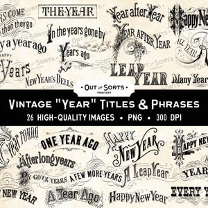 Conjunto de títulos vintage de Año Nuevo y Feliz Año Nuevo, superposiciones de palabras y frases, imágenes prediseñadas PNG antiguas
