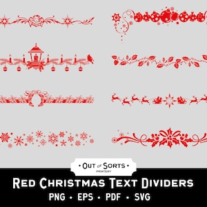 Divisori di pagina rossi di Natale, separatori di testo, bordi delle feste SVG, clipart festivi PNG, abbellimenti decorativi