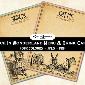 Ensemble de cartes menu et boisson d'Alice au pays des merveilles, mange-moi, bois-moi, décoration de table imprimable, tea party, cliparts dînatoire