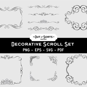 May include: A set of decorative scroll frames and borders in black and white. The set includes a variety of shapes and sizes, including square, round, and rectangular frames. The frames are perfect for adding a touch of elegance to any project.