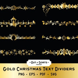 Divisori di testo natalizi dorati, separatori di pagina, elementi decorativi SVG, bordi festivi PNG, clipart festivo, lamina d'oro