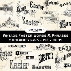 Mots et expressions de Pâques vintage, cliparts dictons de printemps, collage antique de Pâques, éphémères de scrapbooking, superpositions de titres de vacances