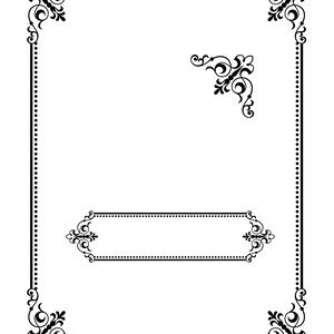 May include: A black and white decorative frame with ornate corners and a dotted border. The frame is perfect for adding a touch of elegance to any document or artwork.