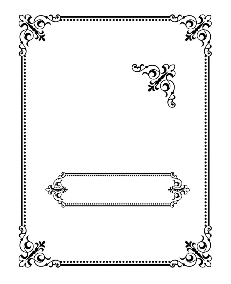 May include: A black and white decorative frame with ornate corners and a dotted border. The frame is perfect for adding a touch of elegance to any document or artwork.