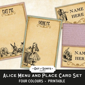 Alice im Wunderland Tischset mit Menü- und Getränkekarten, Zeltkarten und Tischkarten, Dinner-Party zum Ausdrucken, Tee-Party-Dekoration