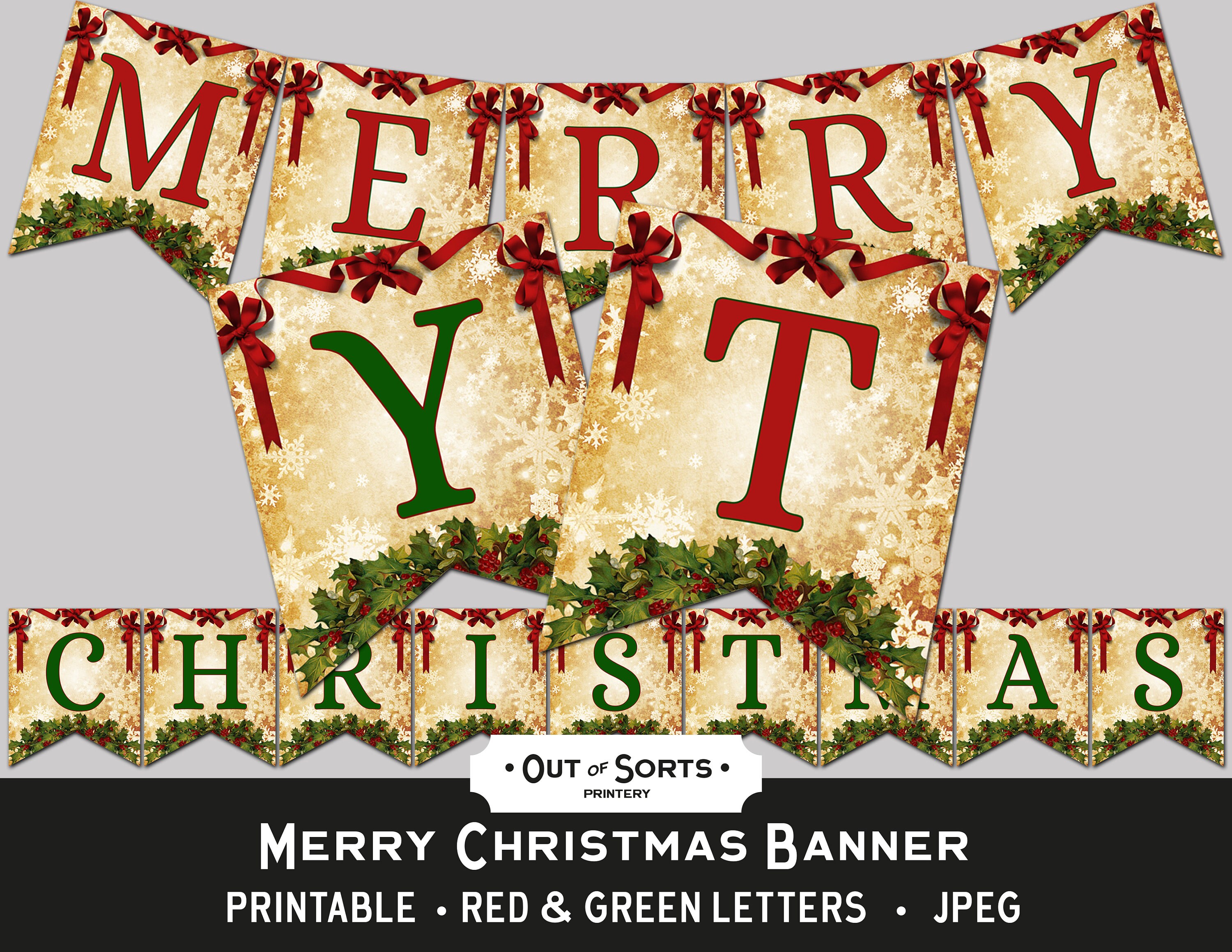 Merry Christmas Banner, Printable Xmas Bunting, Xmas Party Decor