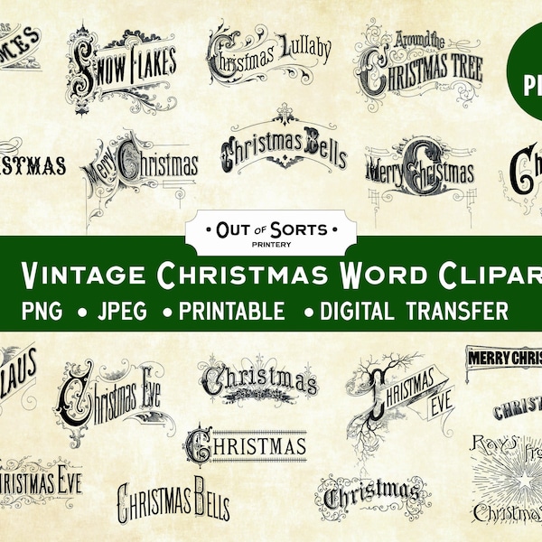 Vintage Christmas Clipart, Digital Transfer, Holiday Words PNG, Scrapbooking, Collage Sheet, Antique Xmas, Junk Journal