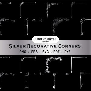Silber Zierecken, SVG Ornamente, Silber Clip Art, Vintage Rahmen, Silber Bordüren, PNG, Schnörkelelemente
