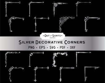 Esquinas decorativas plateadas, imágenes prediseñadas de adornos SVG, marcos vintage, bordes PNG, elementos ornamentales
