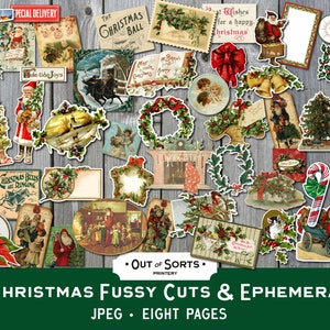 Christmas Fussy Cuts, Vintage Scrapbooking Ephemera, Junk Journal, Holiday Clipart, Festive Collage Sheet, Shabby Xmas, Printable Stickers