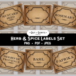 Printable Herbs and Spices Labels, Vintage Spice Label Set, Antique Herb and Spice Labels, Old Paper Stickers, Primitive Shabby Clipart