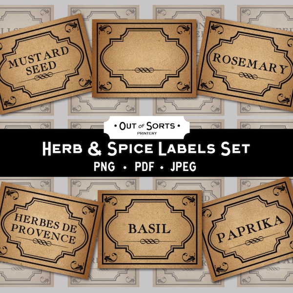 Printable Herbs and Spices Labels, Vintage Spice Label Set, Antique Herb and Spice Labels, Old Paper Stickers, Primitive Shabby Clipart