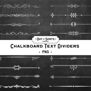 Puede incluir: Un conjunto de 16 divisores de texto de pizarra en un diseño blanco tipo tiza sobre un fondo negro. Los divisores son de varios estilos de líneas, espirales y florituras. El texto "OUT OF SORTS PRINTERY" y "CHALKBOARD TEXT DIVIDERS" está en la parte superior de la imagen. El texto "PNG" está en la parte inferior de la imagen.