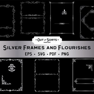Cadres et fioritures en argent, rouleaux décoratifs, ornements en argent, bordures PNG, séparateurs de texte SVG, éléments de page en argent