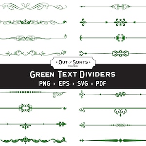 Puede incluir: Una colección de divisores de texto verdes con varios diseños ornamentales. La imagen incluye líneas decorativas con espirales, elementos florales y formas geométricas. El texto "GREEN TEXT DIVIDERS" se muestra con opciones de formato de archivo: PNG, EPS, SVG y PDF.