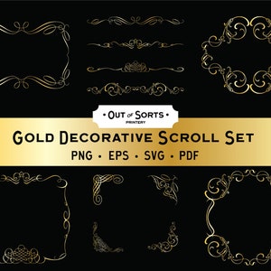 Gold Decorative Ornaments, Foil Scrolls, Flourishes SVG, Page Embellishments, Design Elements Clipart, Ornate Frames