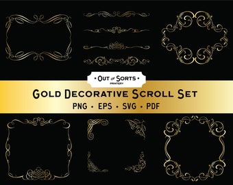 Gold Decorative Ornaments, Foil Scrolls, Flourishes SVG, Page Embellishments, Design Elements Clipart, Ornate Frames