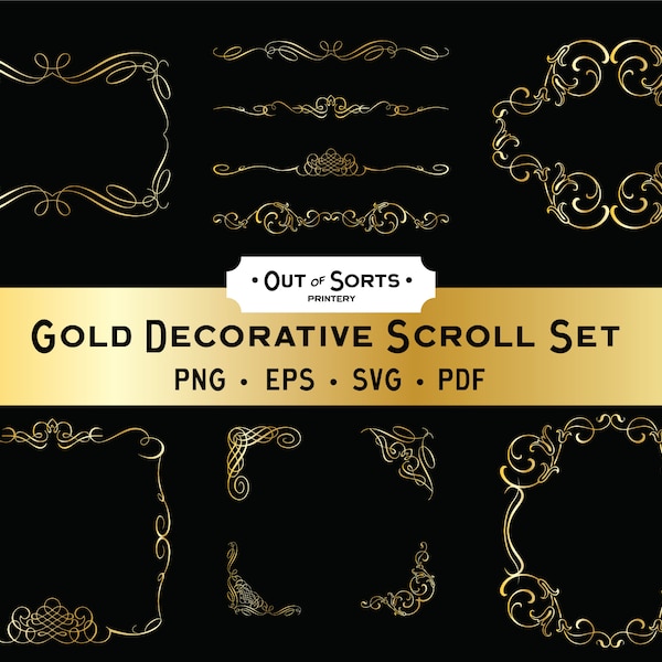 Gold Scrolls and Flourishes, Decorative Ornaments, Gold Swirls SVG, Embellishments, Page Elements Clipart, Ornate Frames, Corners, Dividers