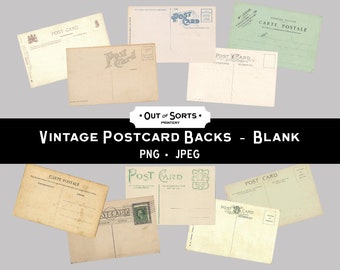 Vintage briefkaartruggen, antieke postillustraties, blanco reis-png, afdrukbare ephemera
