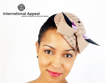Tan Felt Bow with Purple Feathers - Women's Vintage Fascinator Hat