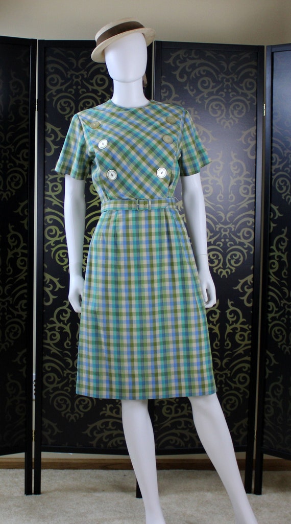 Vintage/Retro Blue Green Checkered Dress - Kay Wi… - image 1