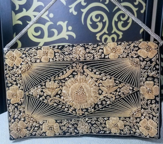 Art Deco Vintage Gold Beaded Black Velvet Purse