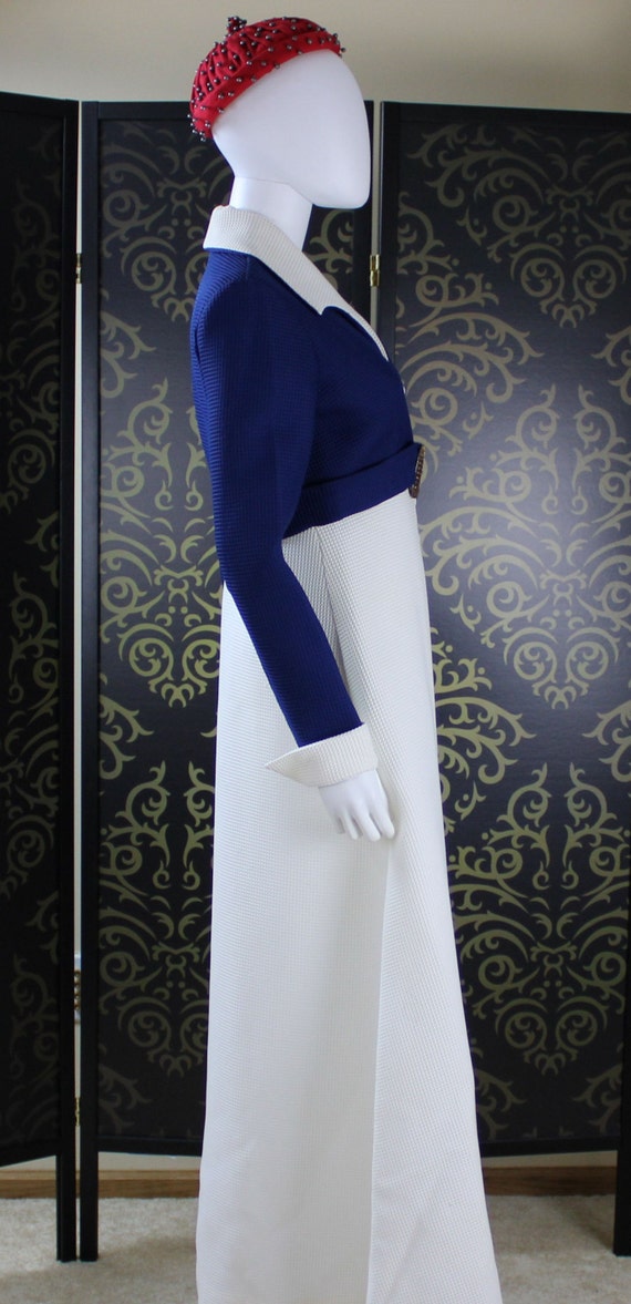 60s/70s Vintage/Retro Blue & White Long Dress wit… - image 4