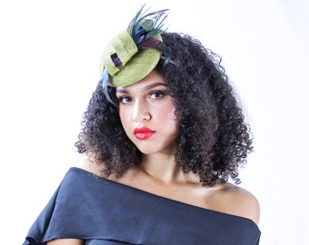 Olive Green with Peacock Feather Women's Vintage Fascinator Hat