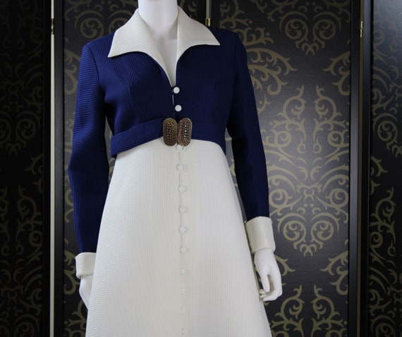 60s/70s Vintage/Retro Blue & White Long Dress wit… - image 1