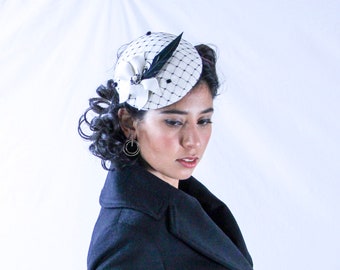 White & Black Felt - Women's Vintage Fascinator Hat