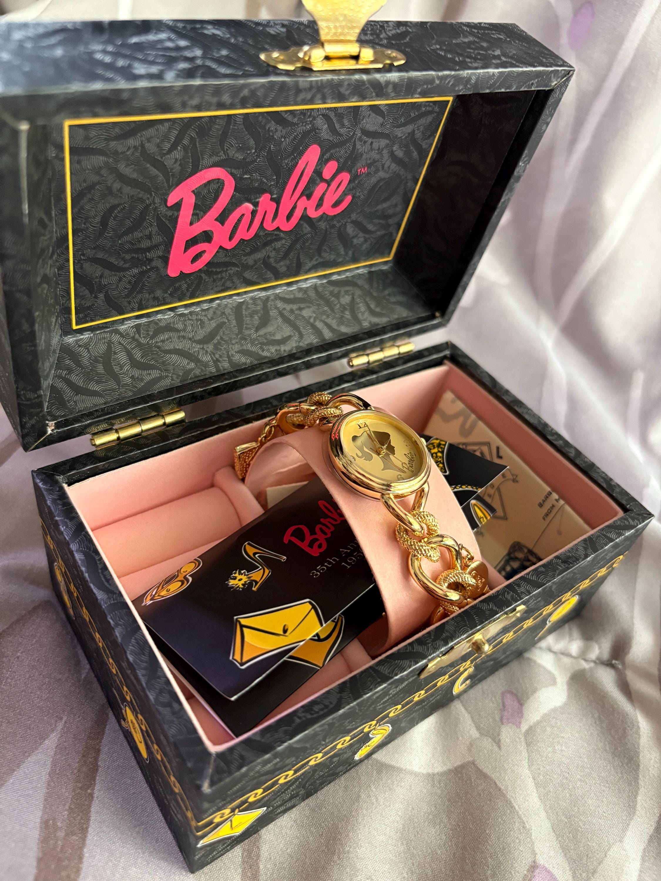 NEW Vintage Fossil and Barbie Gold Tone Bracelet Watch with Pink Lined Box Barbie 1994 Charming Barbie Gold Watch With Jewelry Box by  main image 4