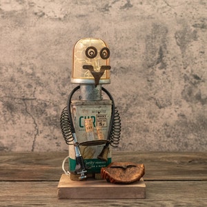 Dr Lancaster Junk Bot Mixed Media Assemblage Sculpture Robot Character With Lights