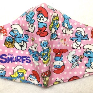 The Smurfs Mask, 80's Cartoon Fabric with Smurfette, Papa Smurf, Bees, Mushroom House in Smurf Village, Lightweight Cotton Pink Retro Mask