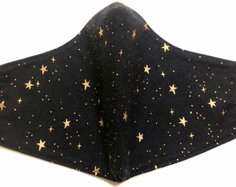 Gold Stars Black Mask, Embossed Metallic Gold Stars & Dots, Formal, Classic, Stylish, Keepsake Japanese Print, Black Cotton Lining