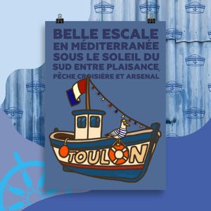 Toulon Fishing Boat Poster, Gabian - Seaside Decorative Illustration - Provençal Art for Home, Cafe, Restaurant or Holiday Souvenir