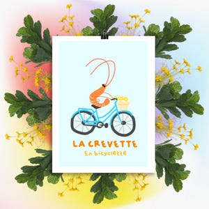 Póster Camarón en bicicleta: ilustración humorística, bicicleta azul, decoración de pared, regalo original, vibraciones de verano, arte francés