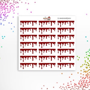 May include: A sheet of red dripping blood stickers. The stickers are arranged in rows of five. The stickers are perfect for adding a spooky touch to your planner, journal, or scrapbook.