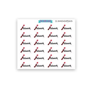 Puede incluir: Una hoja de 18 pegatinas de rayas rojas y blancas con la palabra "Labwork" escrita en cursiva negra en cada pegatina.