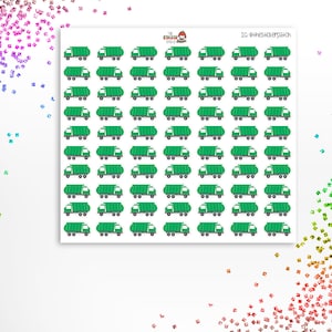 May include: A sheet of 64 green garbage truck stickers. The stickers are arranged in an 8x8 grid.