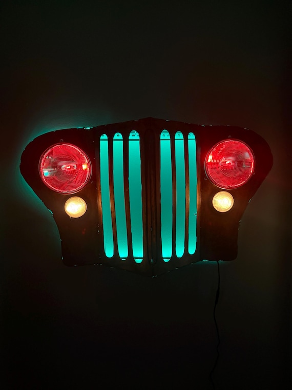 Jeep Willys themed grill wall art with remote control Color change Headlights, Led park lights, Rustic copper patina