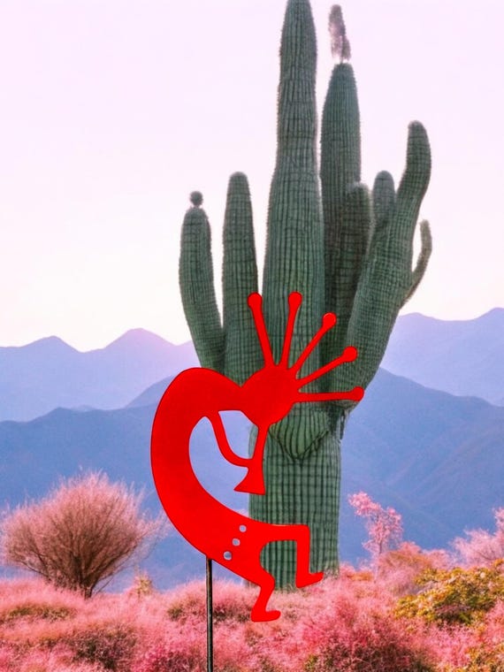kokopelli yard art made out of steel with a detachable 12 metal stake. Finished with a sparkling Red Powder coat
