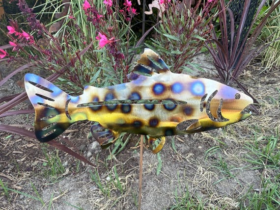 Metal Trout wall and garden art made out of steel with flame torch high gloss finish