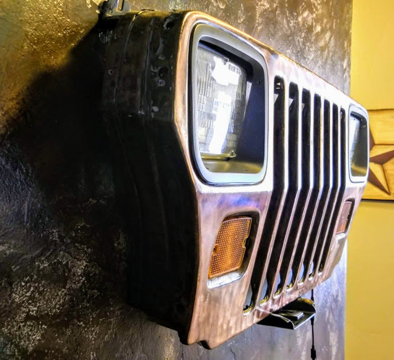 YJ Jeep grill wall art working head and park lights. Mancave Etsy