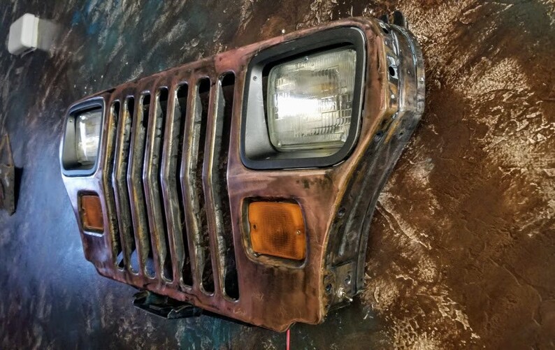 YJ Jeep grill wall art working head and park lights. Mancave Etsy