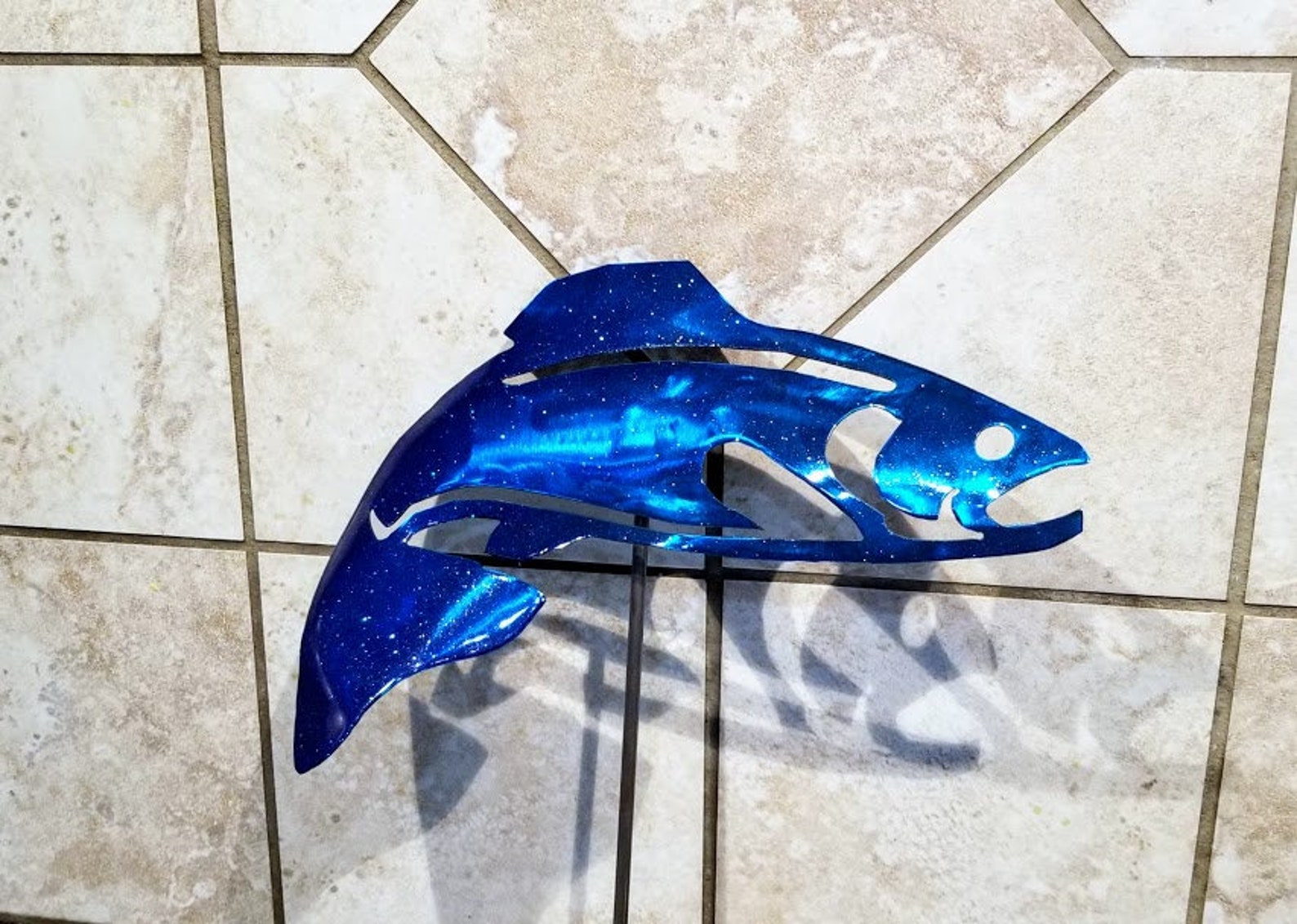 Fish Yard Art With 12 Inch Detachable Stake Blue Glitter Etsy