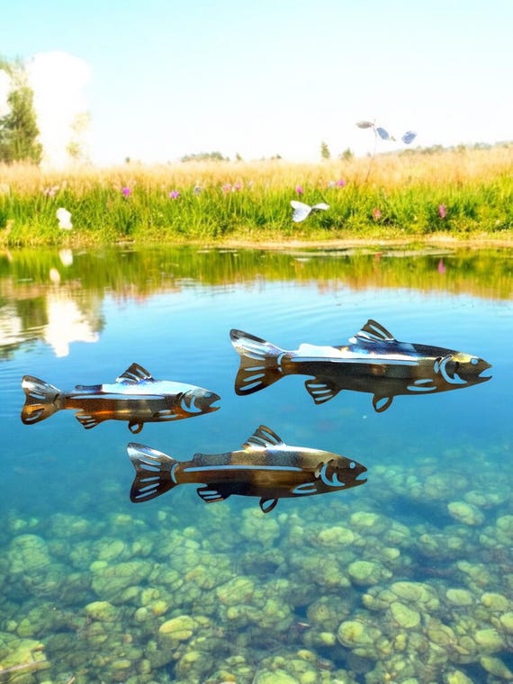 3 Metal Lake Trout wall and garden art made out of steel with flame torch high gloss sparkle powder coat finish.