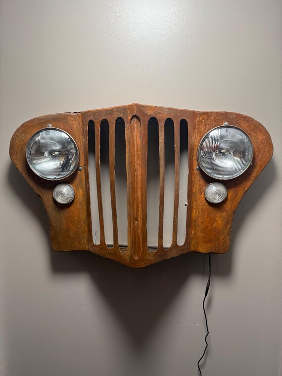 Jeep Willys themed grill wall art with remote control Color change Headlights, Led park lights, Rustic copper patina