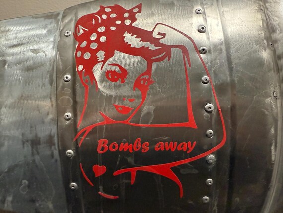 Bombs Away strong girl airplane cowl (upcycled old dryer drum) Wall art mancave bar