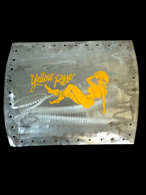 Yellow Rose girl airplane replacement panel (upcycled scrap steel) Wall art mancave bar